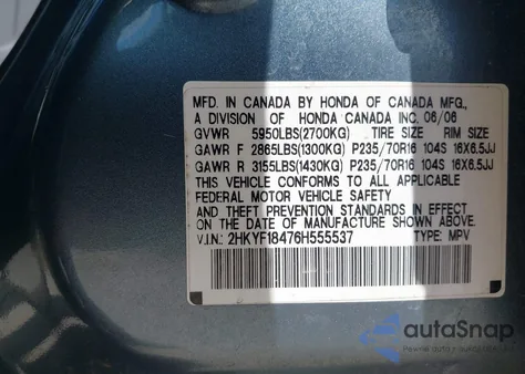 2006 Honda Pilot Ex z USA, uszkodzony, nr VIN 2HKYF18476H555537